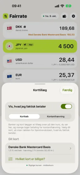 Du vælger dit kort på listen over rigtige kort med dets gebyrer for køb og kontanter.
