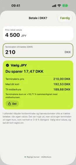Tjekket »Betale i kroner?«, der sammenligner terminalens tilbud med dit kort.