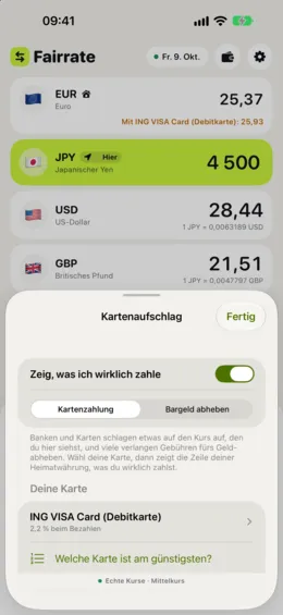 Die Wahl deiner Karte aus der Liste echter Karten, mit ihren Gebühren für Zahlungen und Bargeld.