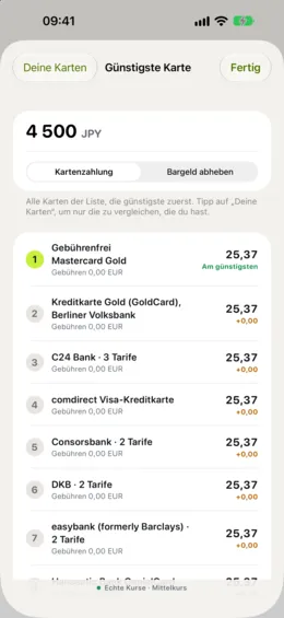 Günstigste Karte: deine Karten, von der günstigsten bis zur teuersten sortiert.