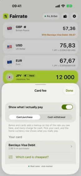 Choosing your card from the list of real cards, with its fees for purchases and cash.