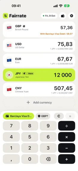 The converter: every currency shows the same amount, and the home currency row shows what you pay with your card.