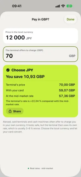 The pay in your own currency check, comparing the terminal's offer with your card.