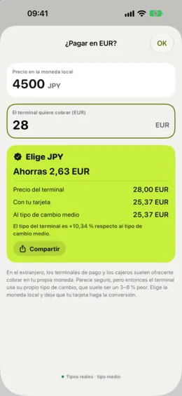 La comprobación de «pagar en tu propia moneda», que compara la oferta del terminal con tu tarjeta.