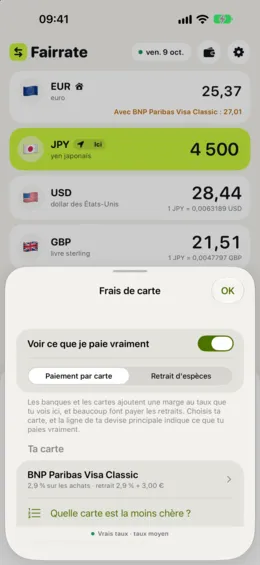 Le choix de ta carte dans la liste de vraies cartes, avec ses frais pour les achats et les retraits.