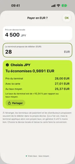 La vérification « Payer dans ta propre devise ? », qui compare l’offre du terminal avec ta carte.