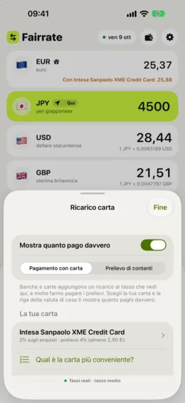 La scelta della tua carta dall’elenco di carte reali, con le commissioni per acquisti e prelievi.
