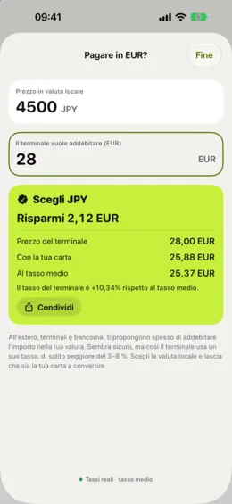 Il controllo «Pagare nella tua valuta?», che confronta l’offerta del POS con la tua carta.