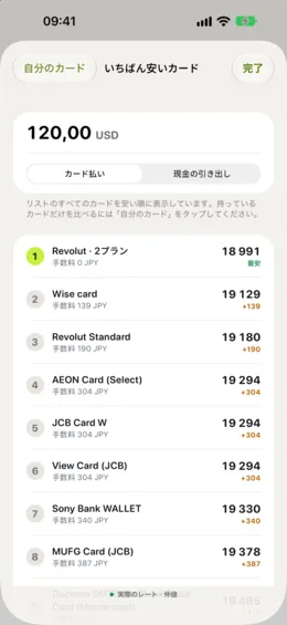 いちばん安いカード：自分のカードを安い順に並べます。