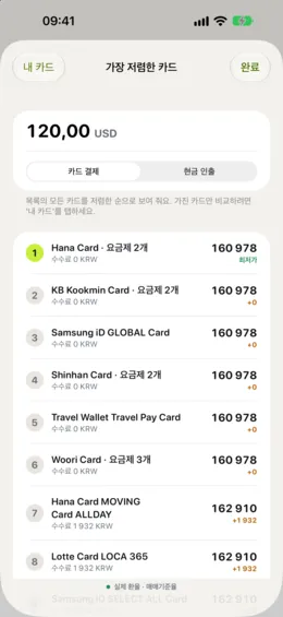가장 저렴한 카드: 내 카드를 가장 저렴한 것부터 비싼 순으로 보여 줘요.