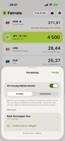 Du velger kortet ditt fra listen over ekte kort, med gebyrene for kjøp og kontanter.