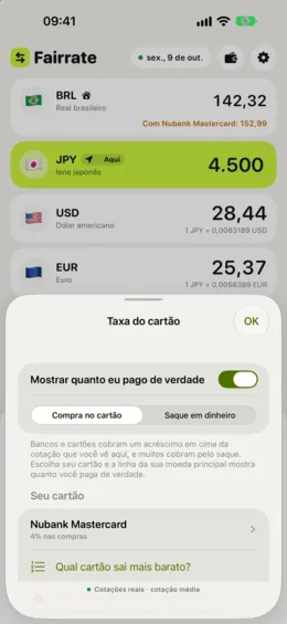 Escolhendo seu cartão na lista de cartões reais, com as tarifas dele para compras e saques.