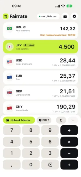 O conversor: todas as moedas mostram o mesmo valor, e a linha da sua moeda mostra quanto você paga com seu cartão.