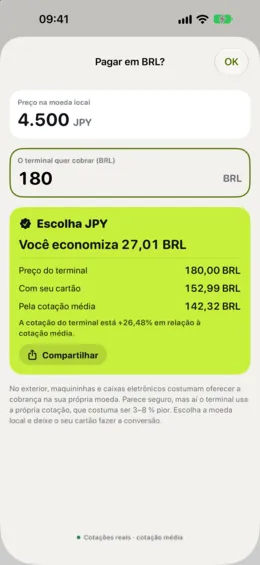 A checagem de pagar na sua própria moeda, comparando a oferta da maquininha com o seu cartão.