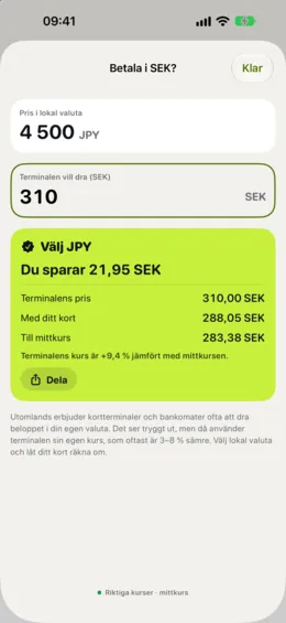 Kontrollen ”Betala i kronor?”, som jämför terminalens erbjudande med ditt kort.